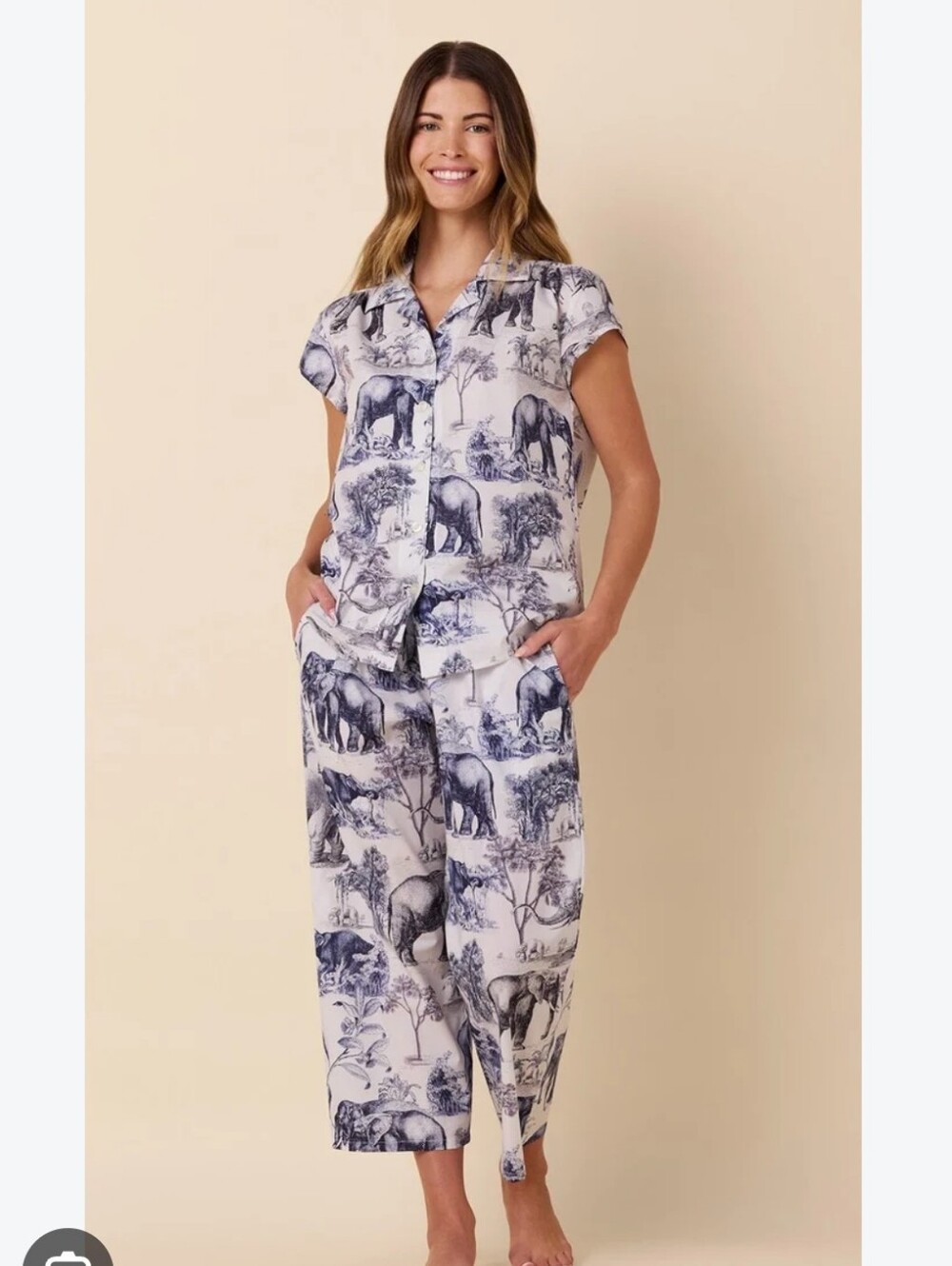 The Cats Pajamas Elephant Print Safari Toile Luxe Pima Capri PJ Set Size Large